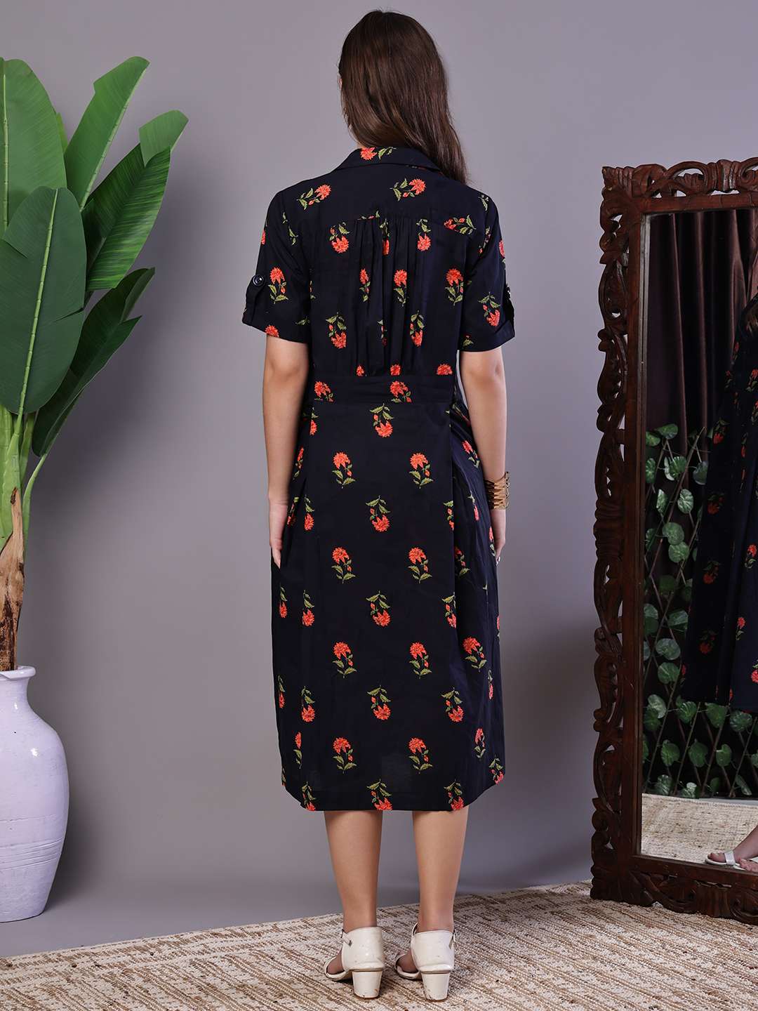 Women's Elegant Indigo & Orange Floral Block Print Cotton Shirt Dress - Image 2